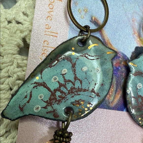 artisan enameled Blue and Gold Bird & glass Earrings